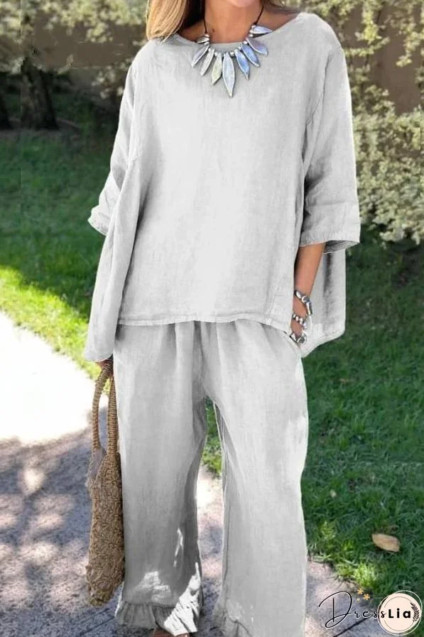 Casual Solid Color Loose Top & Pants Cotton Linen Two-piece Set