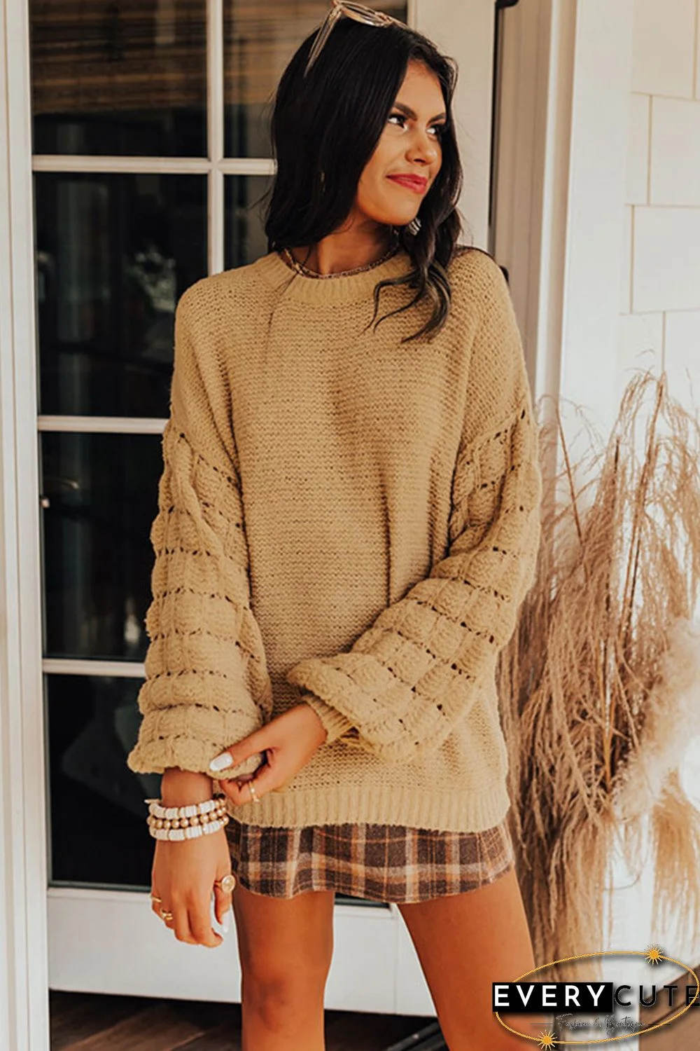 Khaki Hollowed Bubble Sleeve Knit Sweater