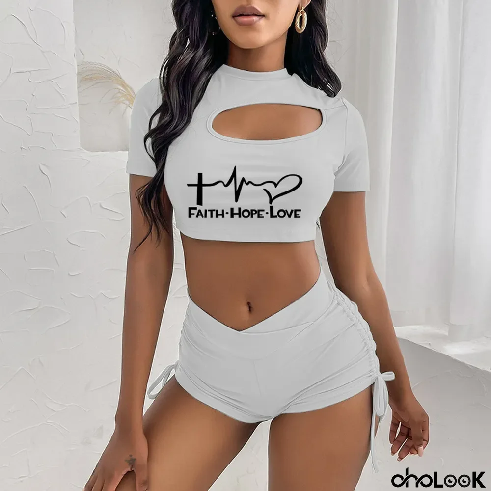 Sexy Hollow Out Drawstring Two Piece Shorts Sets