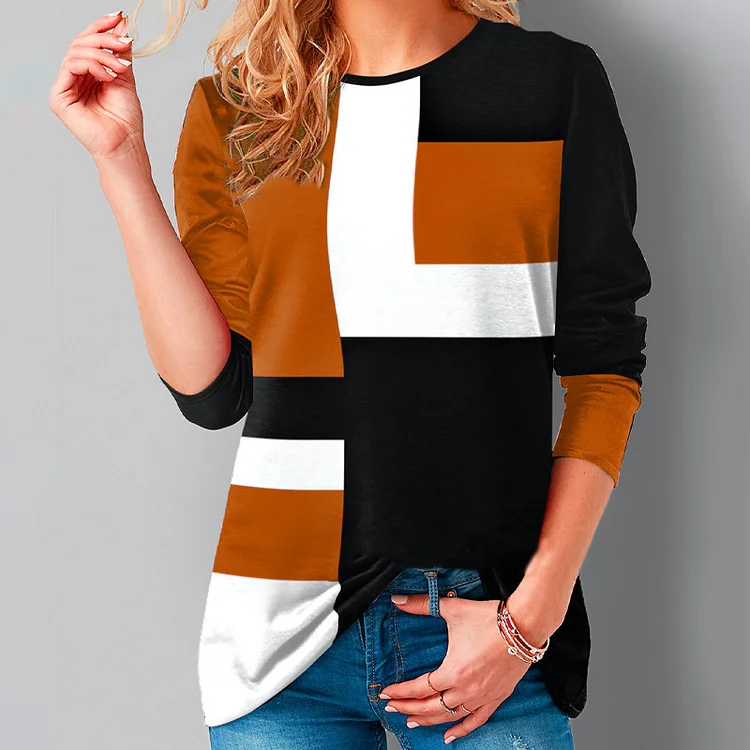 Casual Geometric Colorblock Long Sleeve T-Shirt