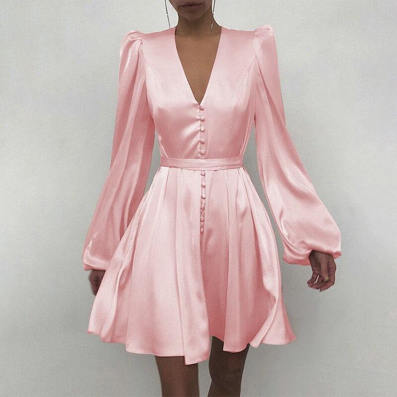 Spring Fashion Satin Solid Long Sleeve Dress 2021 Elegant Women Button A-Line Mini Dress Casual Loose V-Neck Party Dress Vestido