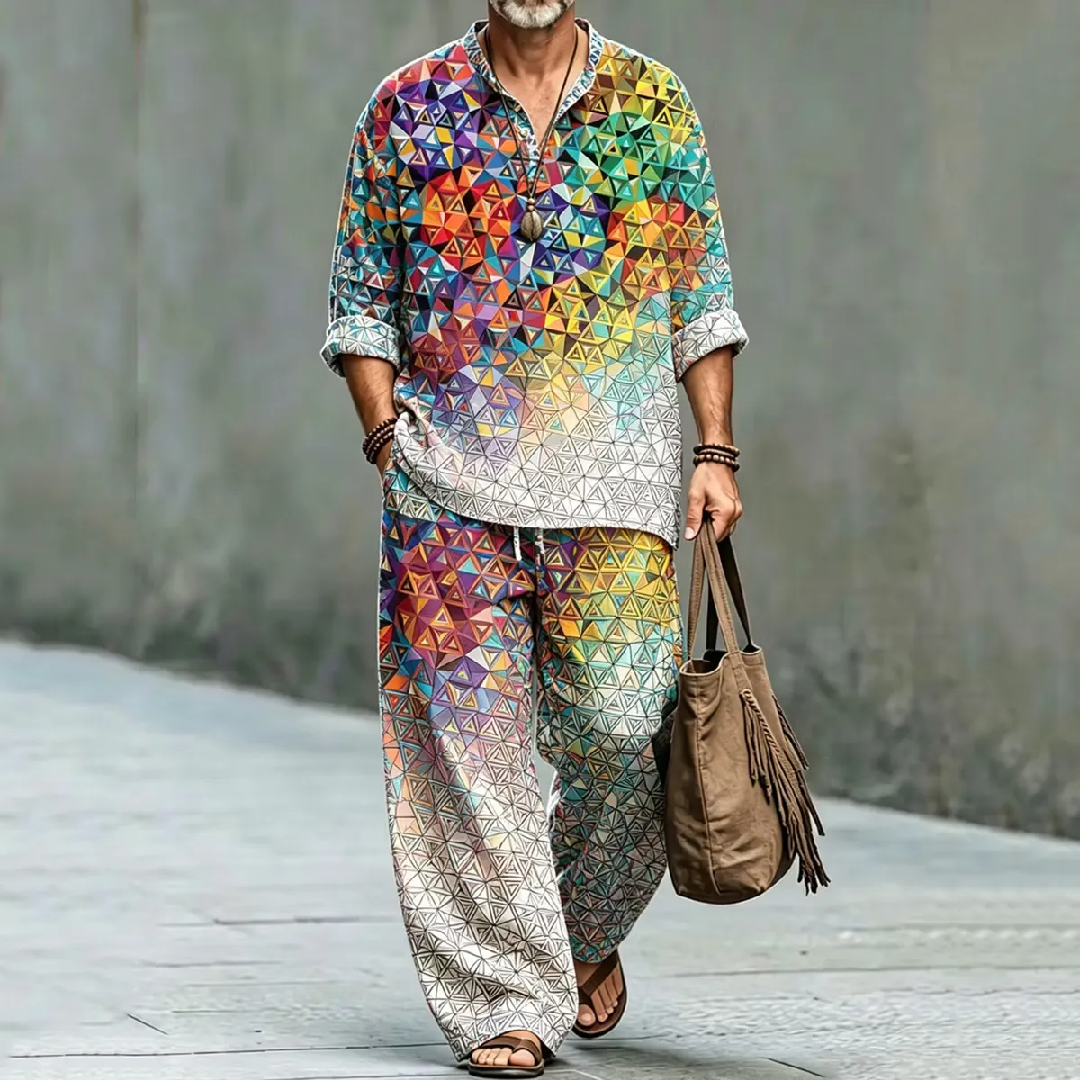 Men's Retro Colorful Abstract Geometric Art Shirt And Pants Two Piece Set  artssus