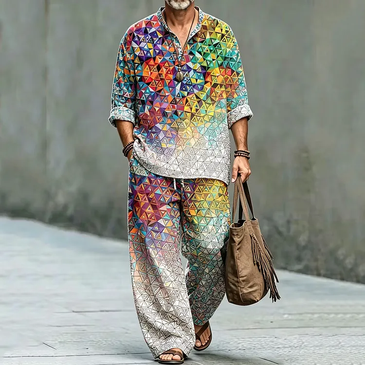 Men's Retro Colorful Abstract Geometric Art Shirt And Pants Two Piece Set