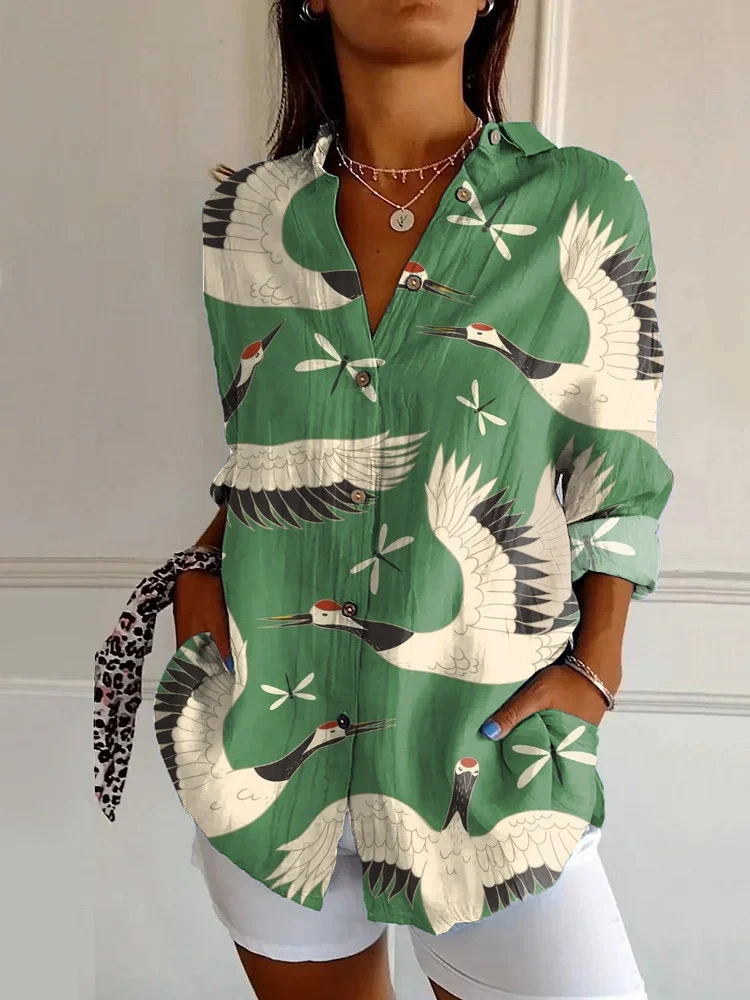 Japanese Classic Green Crane Print Casual Long-sleeved Shirt
