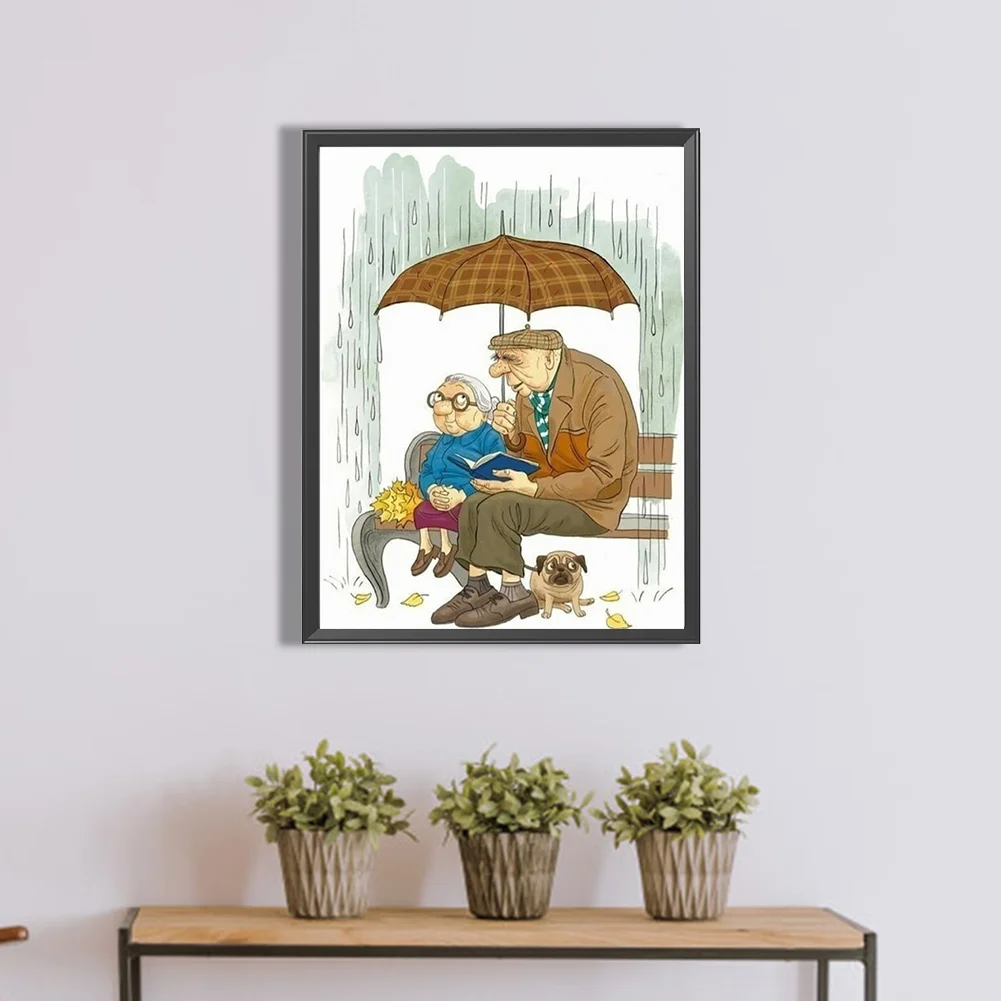 Full Round Diamond Painting 30*40cm - Old Couple Dating In The Rain