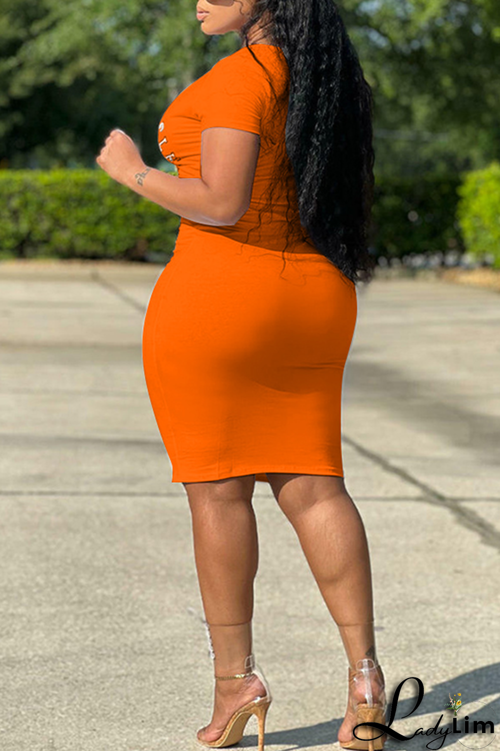 Tangerine Red Fashion Print Patchwork V Neck Pencil Skirt Dresses