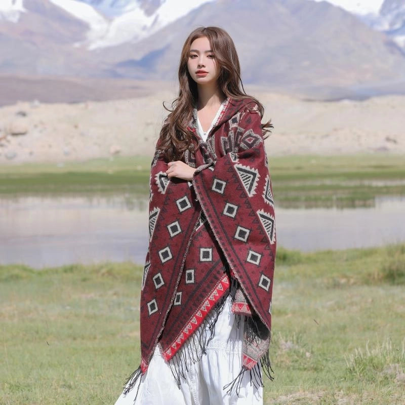 Ethnic Style Hooded Shawl Cloak Lijiang Xinjiang Tibet Northwest Tourism Wear Photograph Warm Outer Cape