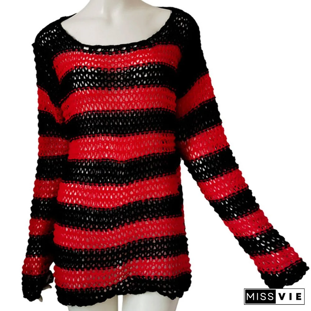 Colorbock Stripe Knit Hollow Out Hole Ripped Sweater