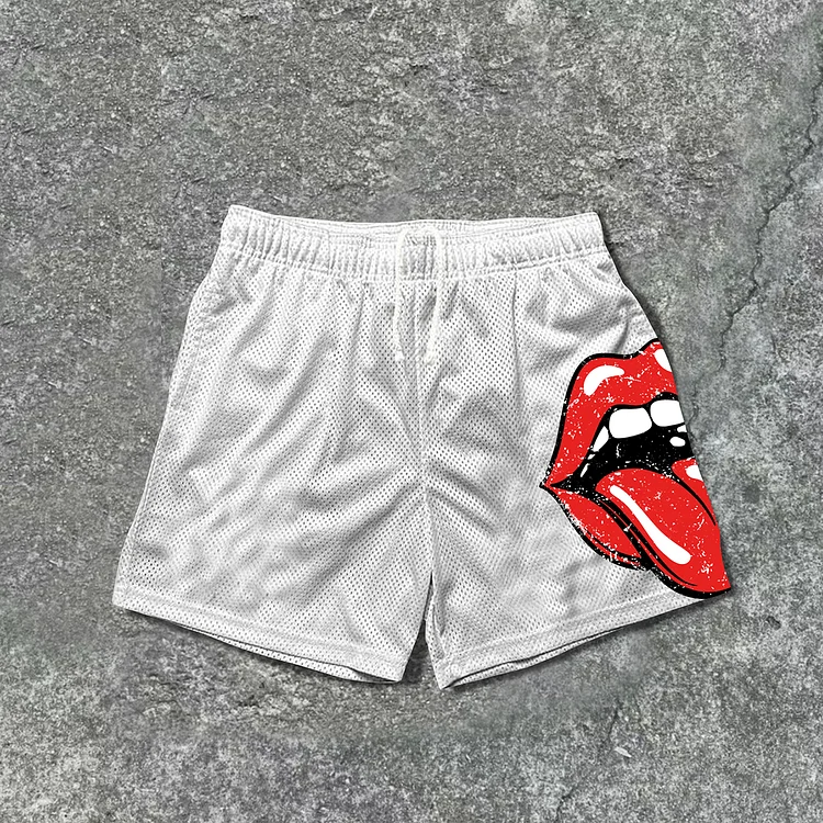 Men's Casual Big-tongued2 Print Mesh Drawstring Shorts
