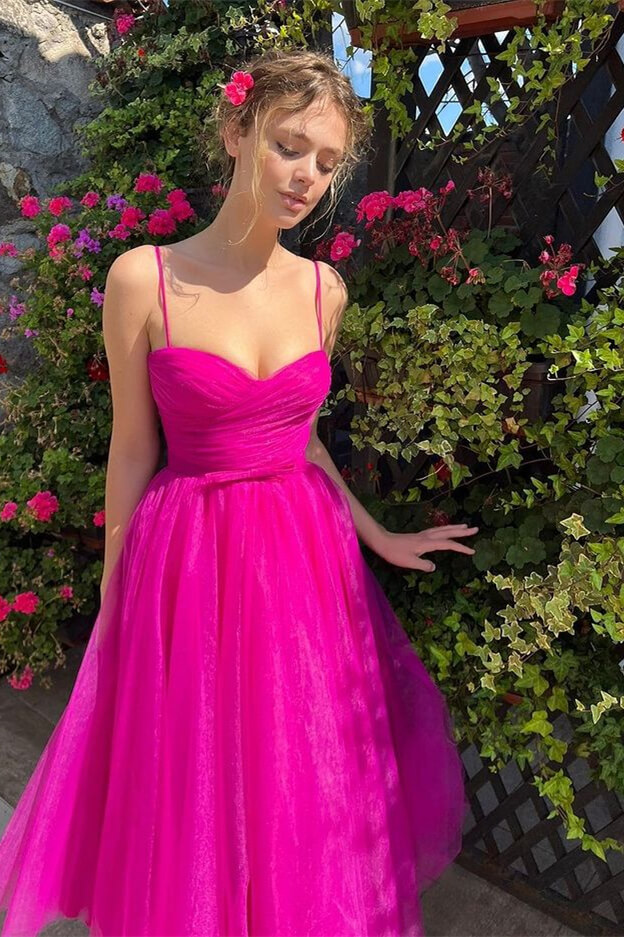 Bellasprom Fuchsia Spaghetti-Straps Tulle Short Evening Dress Tea-Length Bellasprom