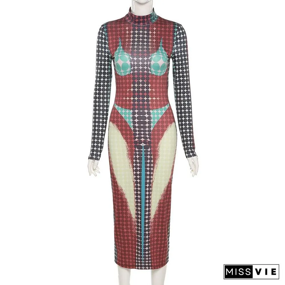 Back School Contrast Trend Skinny Women Bodycon Long Sleeve Aesthetic Print Maxi Dress