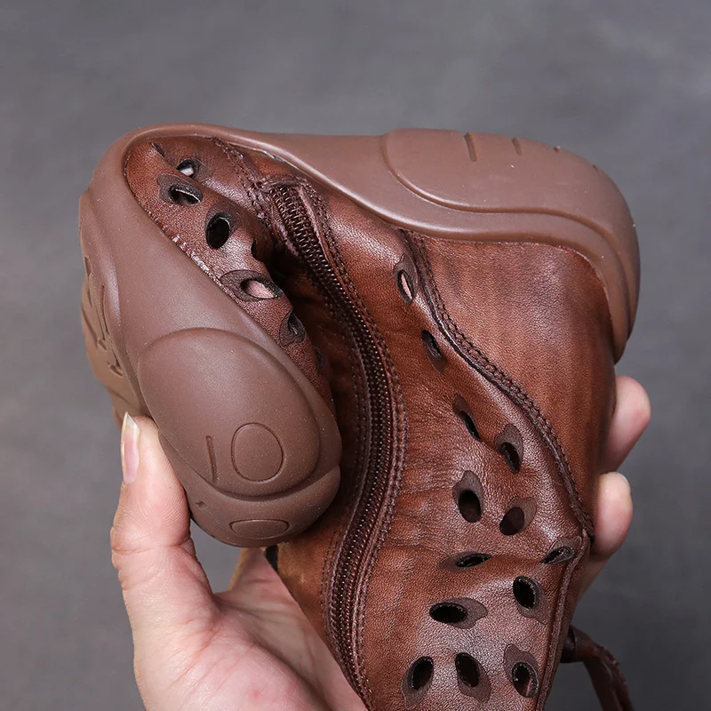 Yyvonne Style Retro Handmade Cool Boots Women Spring And Summer New Leather Hollow Hole Shoes Soft Back Breathable High Help Single Boots Woman