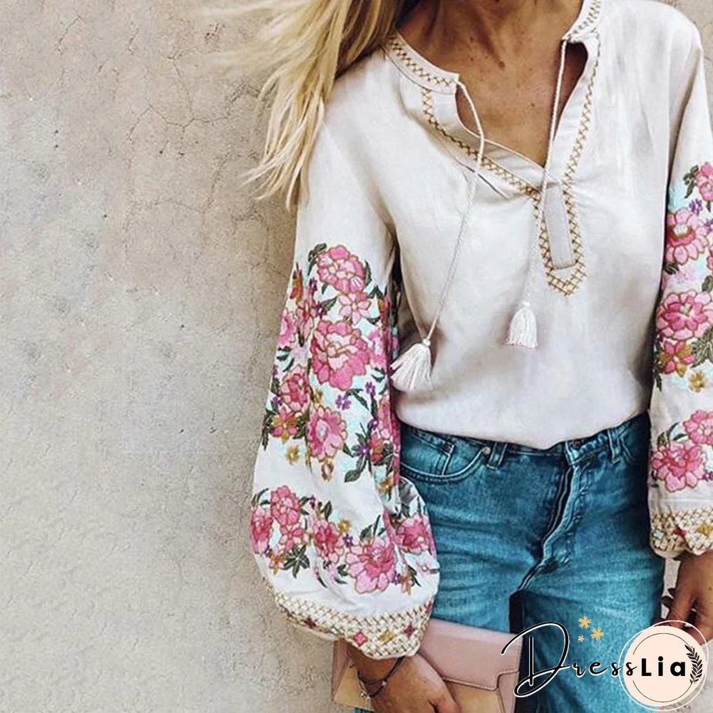 Women Elegant Puff Sleeve Fashion Printed Bohemian V Neck Casual Floral Blouse Tops