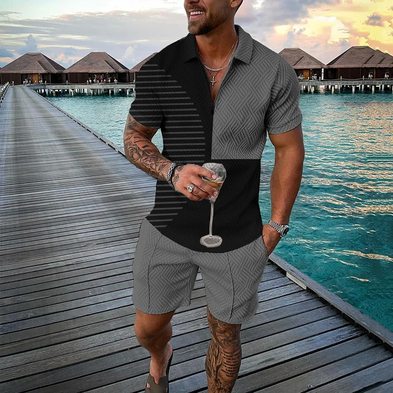 Men's  Geometric Splicing Short Sleeve  Polo Shirt And Short Co-Ord