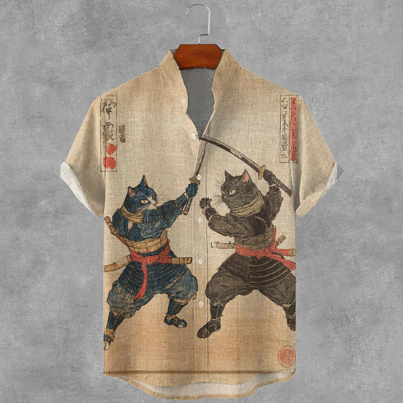 Men's Samurai Cat Art Print Short Sleeve Shirt elevenforest