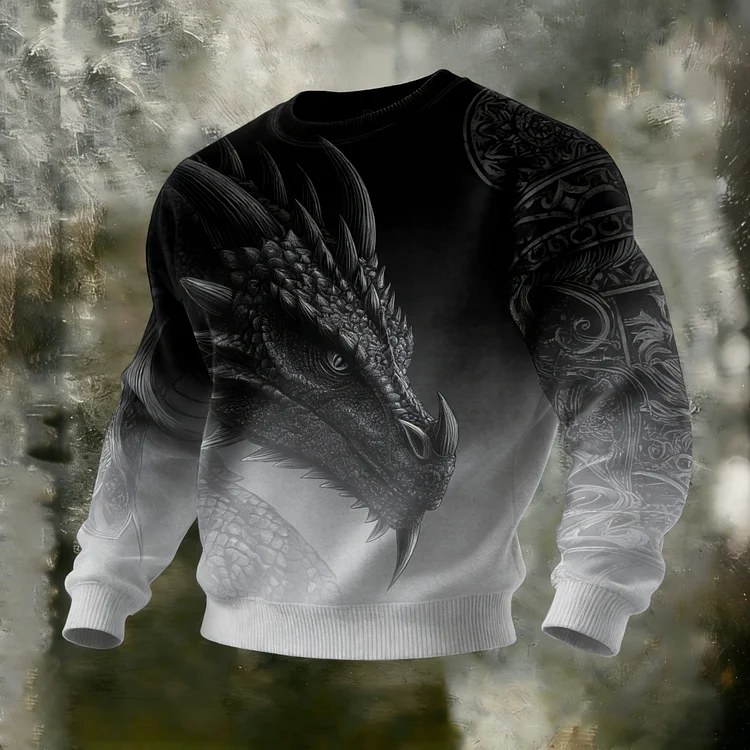 Men's Gradient Celtic Dragon Pattern Comfortable Crew Neck Sweatshirt