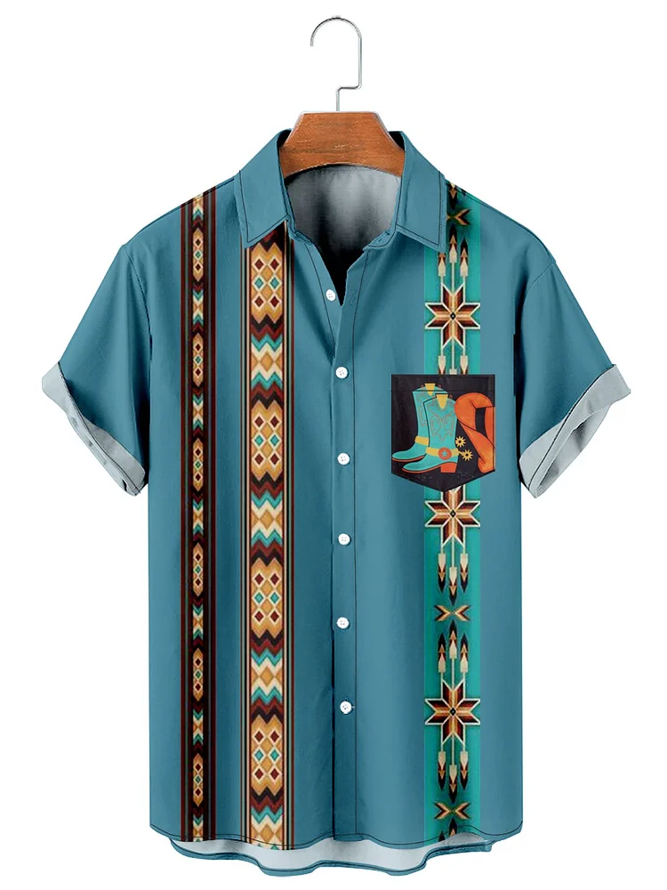 Men's Vintage Western Denim Striped Panel Casual Shirt