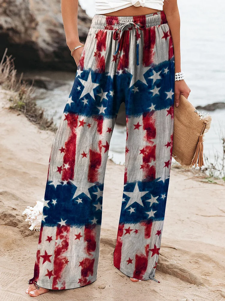 Women's Independence Day Themed Watercolor American Flag Print Cotton And Linen Casual Pants