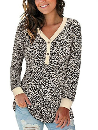 Women's Button Graphic Leopard Printed Solid Color V-Neck Long Sleeve Top