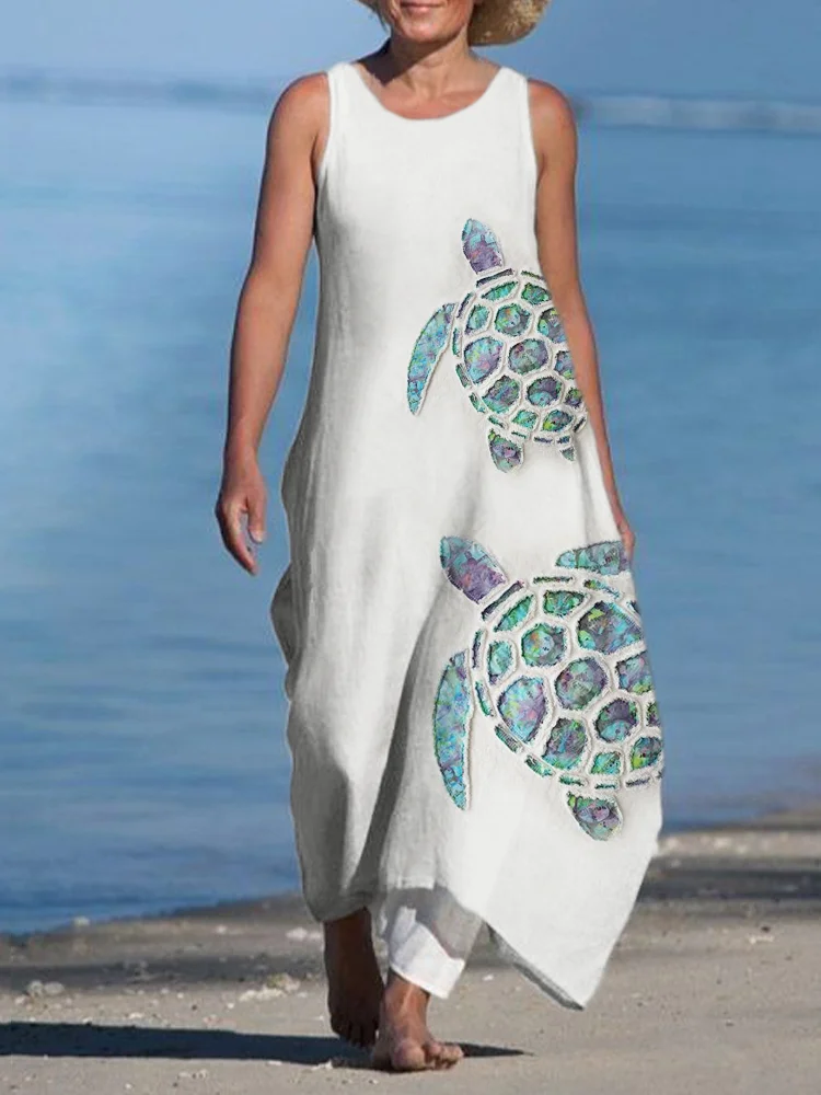 Sea Turtles Tie Dye Patchwork Linen Blend Flowy Dress