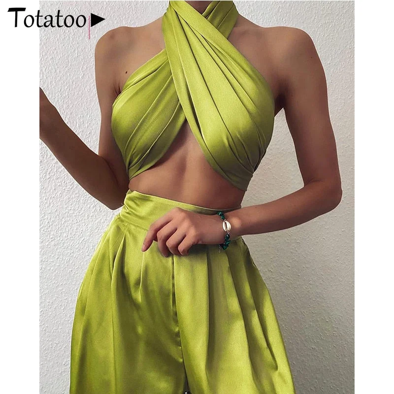 Totatoop Women Summer Sexy Satin Jumpsuit Halter Backless Hollow Out Lace Up Wide Leg Bodycon Rompers Beach Party Green Overalls