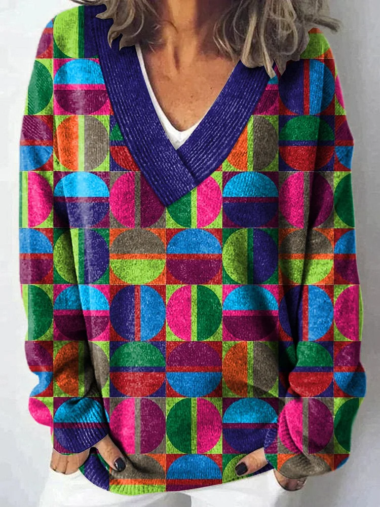 Colorful Geometric Circle Pattern Printed Knit V-Neck Pullover Sweater