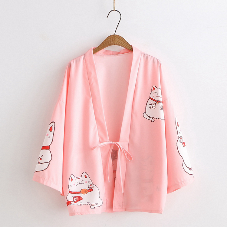 Lucky Cat Print Sunscreen Cardigan Outerwear Kimono Lace Up - Modakawa Modakawa