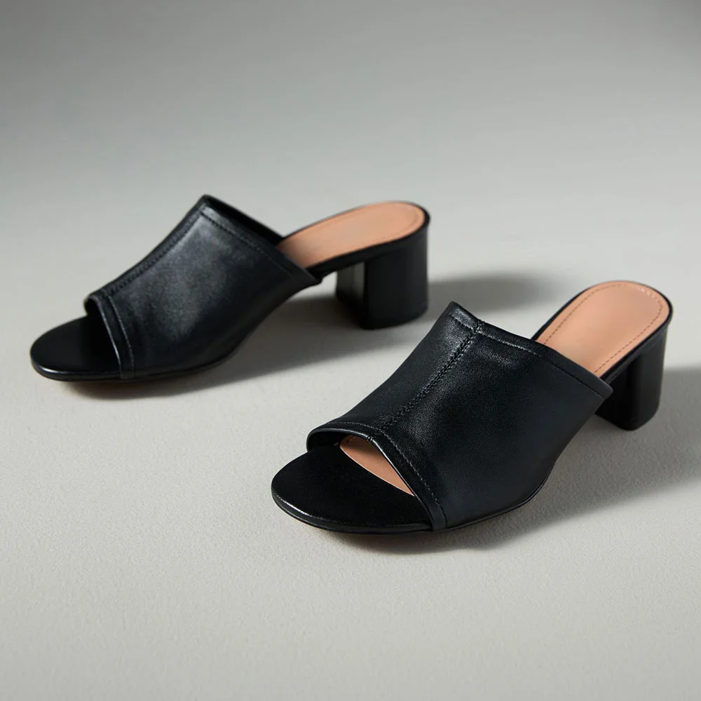 Black Vegan Leather Chunky Heel Open Round Toe Mules for Women