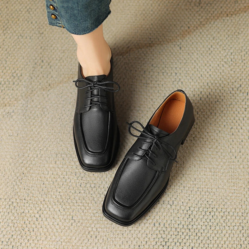Aiertu NEW Spring/Autumn Women Shoes Square Toe Women Loafers Chunky Heel Shoes Split Leather Shoes for Women Retro Lace up Women Pumps Aiertu