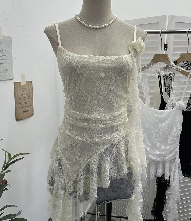 Nigikala Nigikala Shooting Lace Suspension Sheaf Vest Women's Summer Thin Irregular Lotus Leaf-Side Ribbon Slime Blouse 11851