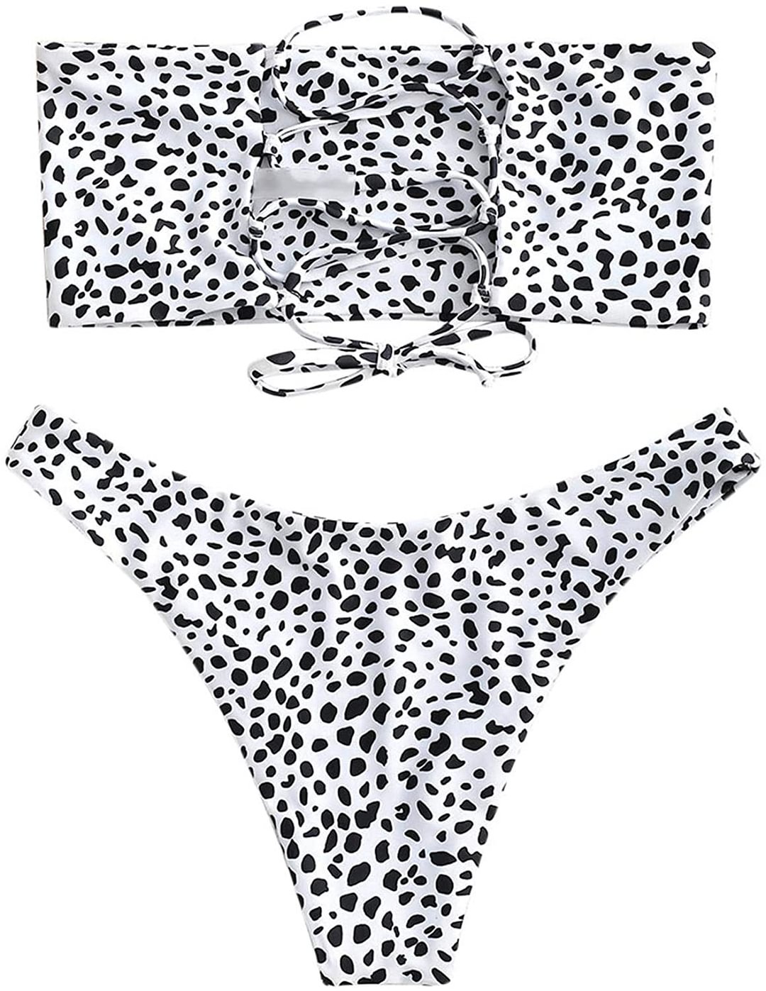 Womens Strapless Back Lace Up Bandeau Bikini Set Two Piece High Cut Cheeky Bottom Swimsuits
