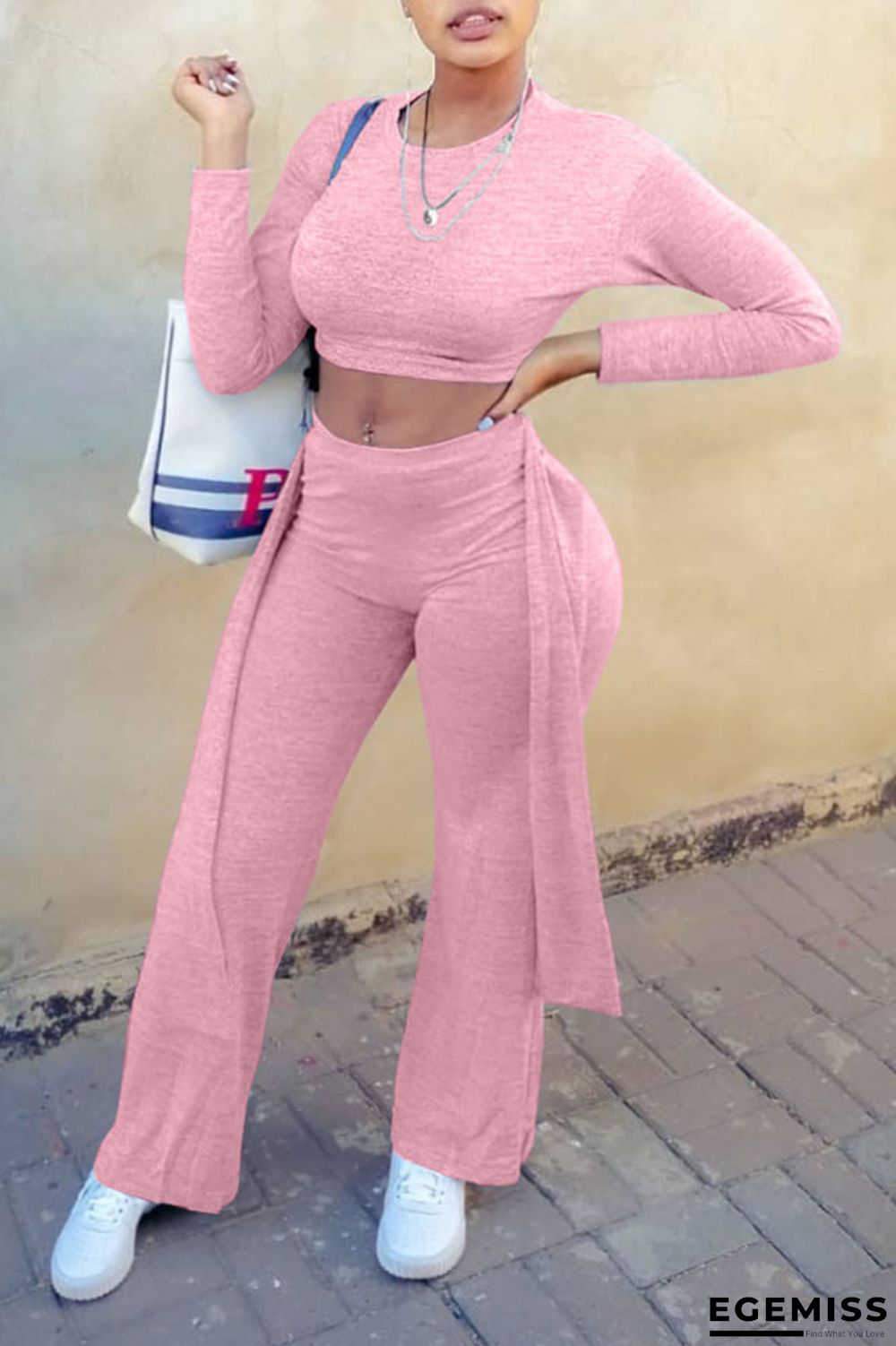 Pink Casual Solid Bandage Patchwork O Neck Long Sleeve Two Pieces | EGEMISS