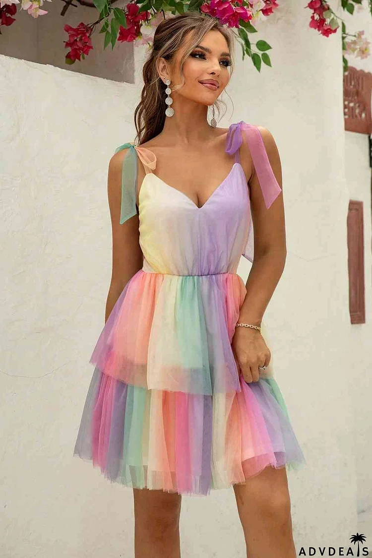 Gradient Tie-Shoulder Layered Dress