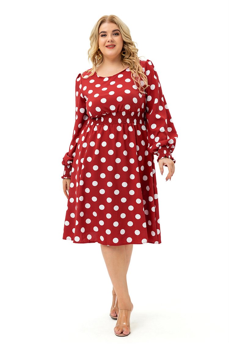Plus Size Casual Red Polka Dot Print Round Neck Long Sleeve Tunic Midi Dress  flycurvy [product_label]
