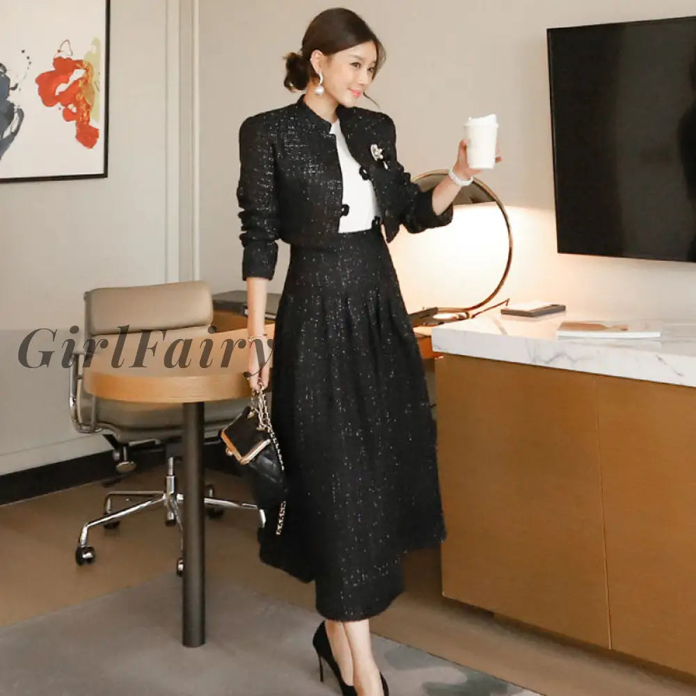 Girlfairy Fashion Winter Elegant Ol Korean Version Woolen Short Coat Skirt Suit Big Swing Casual