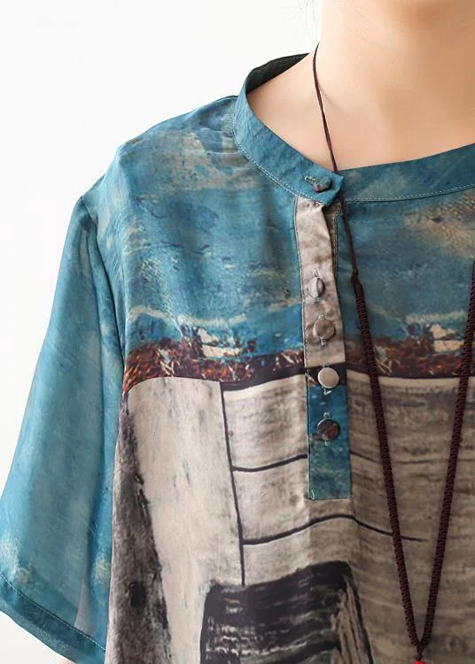 Loose blue gray print chiffon Wardrobes Korea Work o neck asymmetric A Line summer Dress