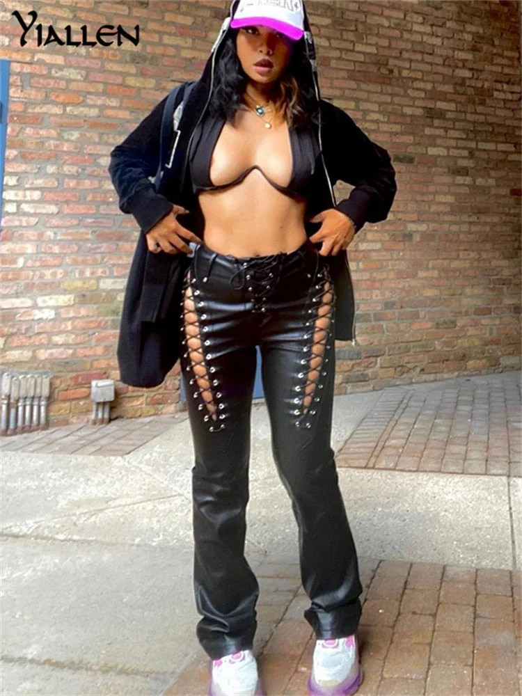 Yiallen Hollow Out Bandage Hipster Straight Trousers Women 2021 New Faux PU Leather Solid Fashion Street Style Pants Female Hot