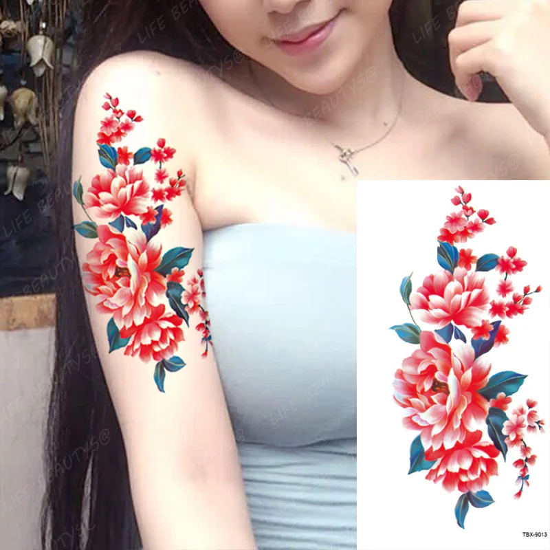 Sdrawing Transfer Pink Henna Rose Flower Temporary Tattoo Sticker Butterfly Pattern Body Art Waterproof Fake Woman's Flash Tattoo