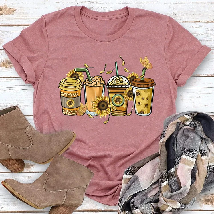 Sunflower coffee cups Round Neck T-shirt-018322