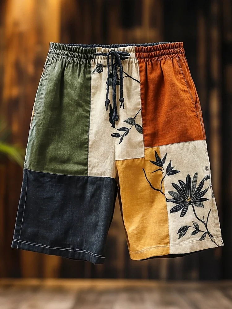 Boho Art Patchwork Fabric Men's Vintage Linen Short