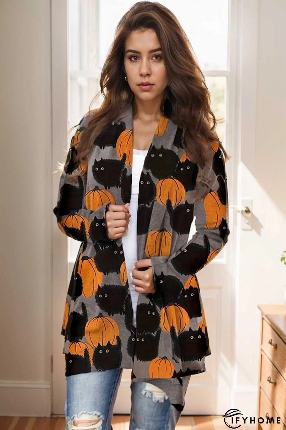 plus size halloween coat women s pus allover cat pumpkin print long sleeve open front medium stretch cardigan overcoat | IFYHOME