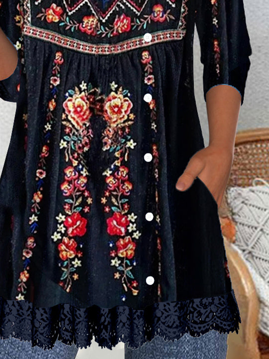 Women's Long Sleeve Scoop Neck Graphic Lace Buttons Top