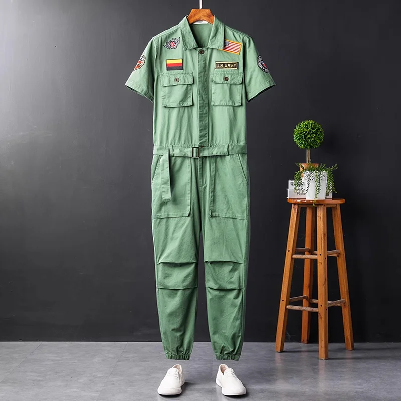 Relaxed Green Badge Patch Short Sleeve Jumpsuit