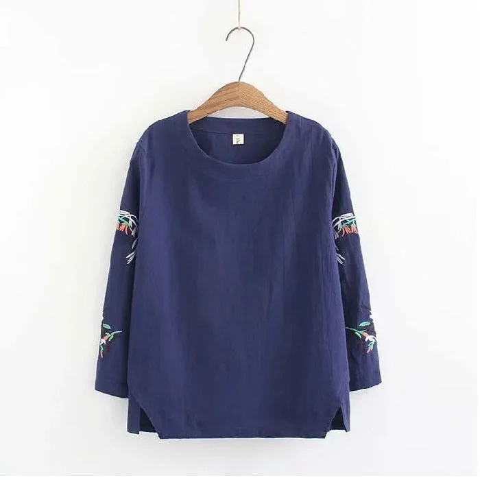 Cotton Linen Embroidered Long-sleeved Plus Size Shirts