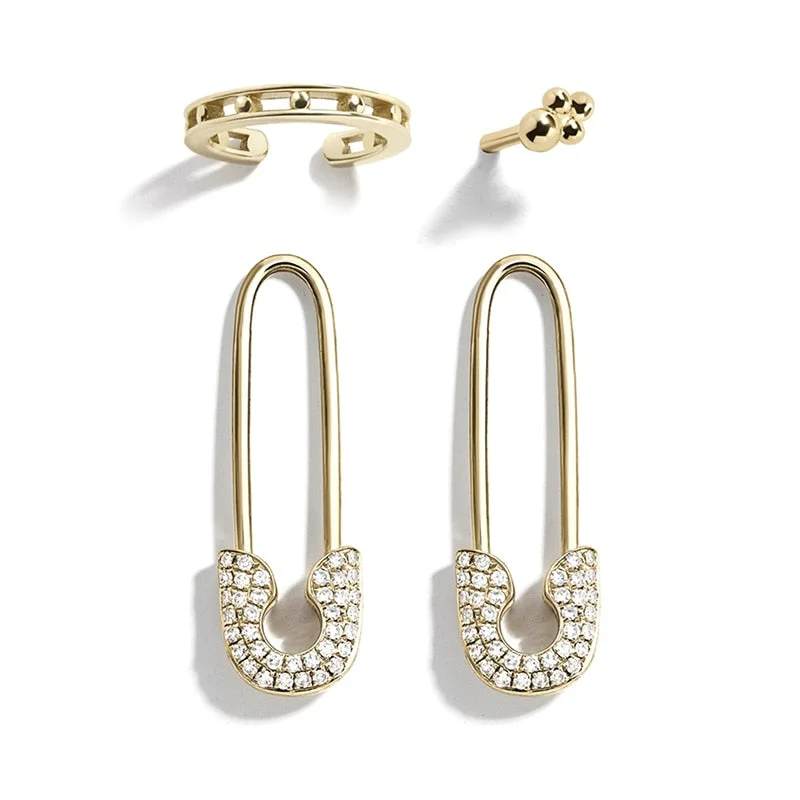 Trendy Paperclip Earring Set Rhinestone Safety Pin Stud Earrings For Women Jewelry Gift