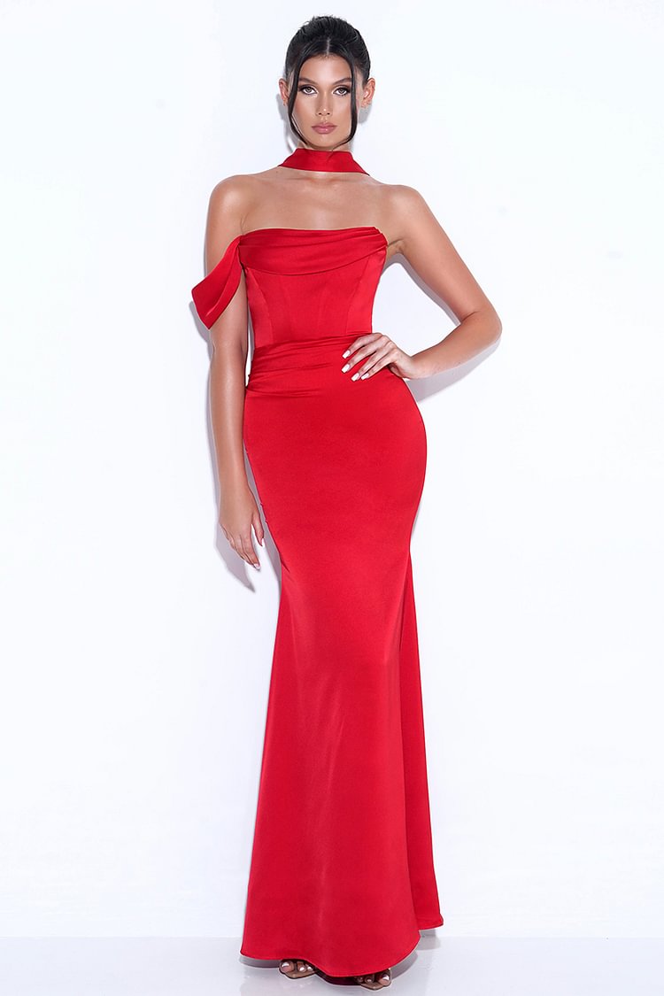 Halter Lace Up Prom Satin Maxi Dresses 