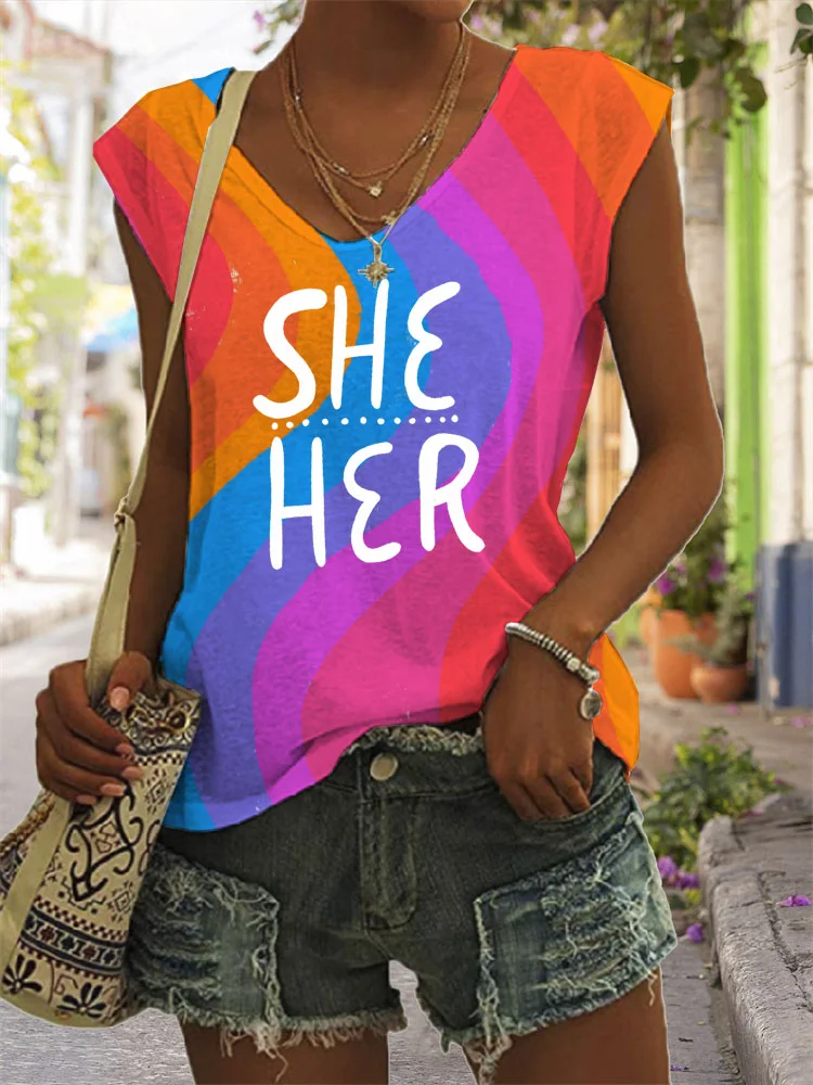 SHE/HER Colourful Handlettering Stripes Tank Top