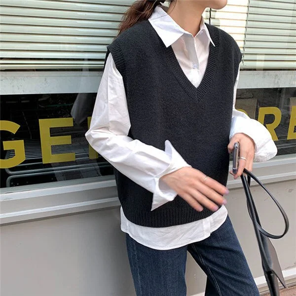 Solid V-neck Women Sweater Vest Preppy Style Leisure Fashion Chic Daily Students Fresh Ulzzang Sweet Pullover Knitted All-match