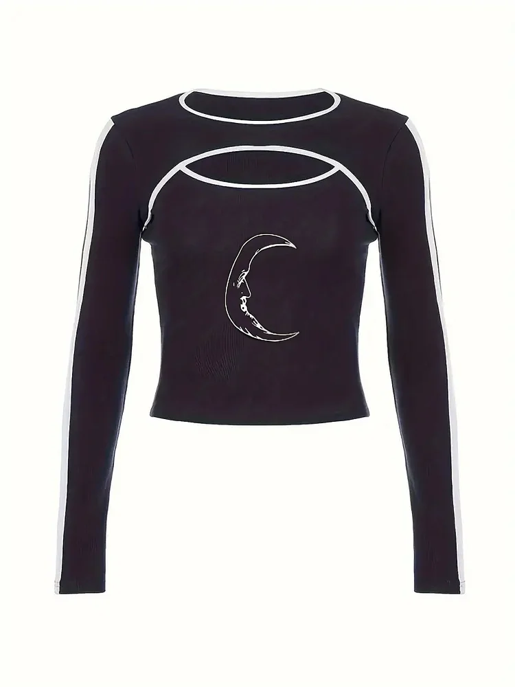 Moon Print Y2K Long Sleeve Top Women'S T-Shirt Orientation For Young Girls