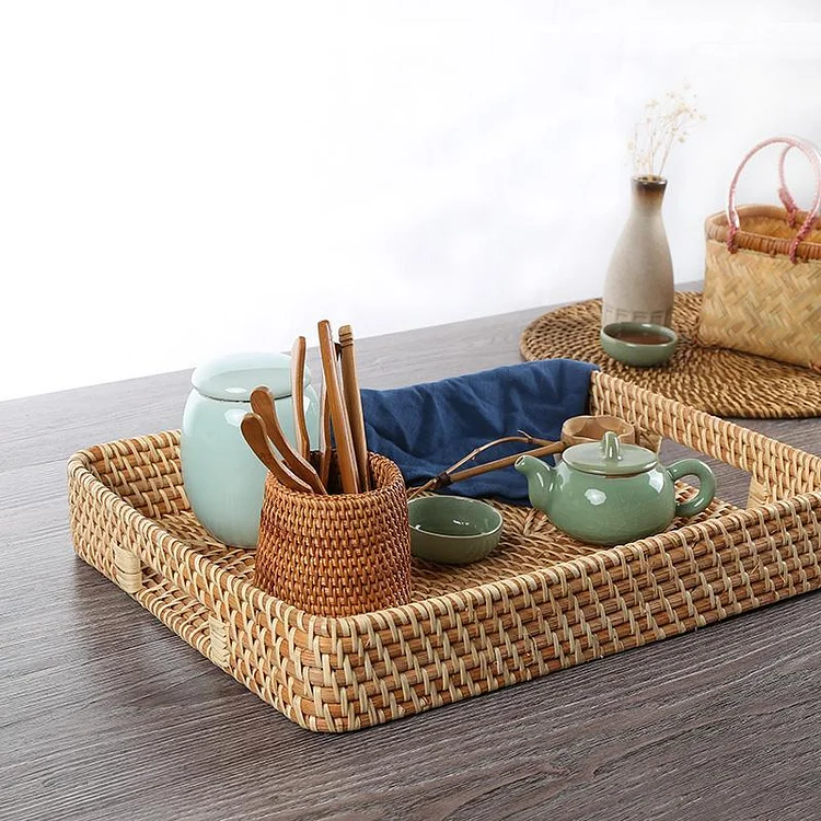 Rustic Rattan Serving Tray Food tray Cheese tray with Handle - Appledas